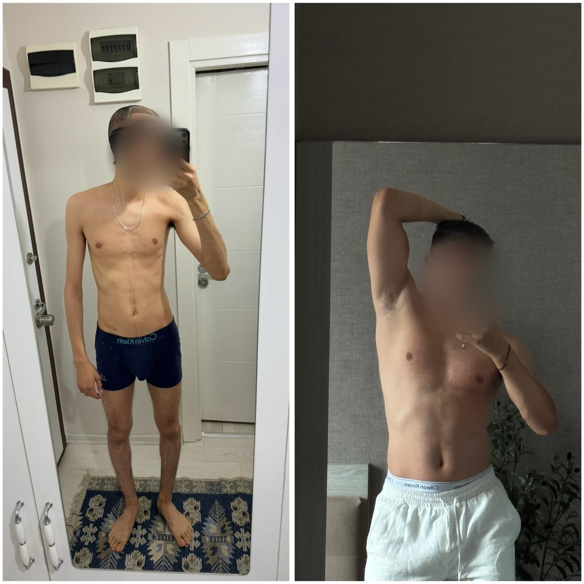 Mehdi on day 1 at 59 kg, very thin full body mirror photo, next to Mehdi today at 92 kg, shirtless with a full chest and arms